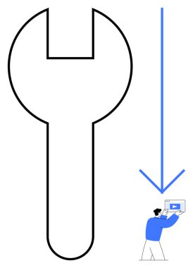 Büyük İngiliz anahtarı, aşağı doğru ok ve medya ekranı tutan küçük bir figür. Kavram için ideal başparmak çözümü, onarım, rehberlik, yönetim, dijital araçlar, teknik destek basit iniş sayfası
