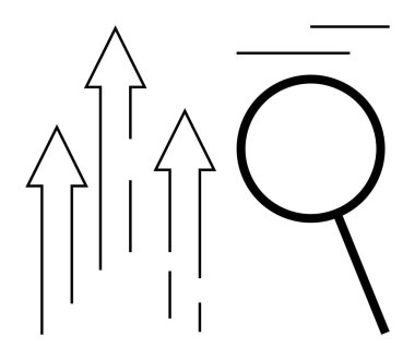 Yukarı doğru çıkan oklar, büyümeyi, analiz ve araştırmayı sembolize eden bir büyüteçle birlikte gösteriyor. Başarı, gelişme, strateji, veri, yenilik, keşif, iş vizyonu için idealdir. Düz basit