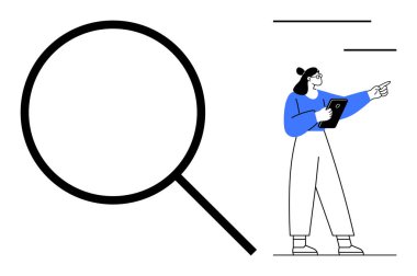 Elinde tablet tutan ve işaret eden geniş büyüteç, aramayı ya da odaklanmayı simgeliyor. Araştırma, analiz, keşif, yenilik, rehberlik, eğitim, basit iniş sayfası için ideal