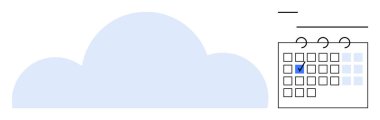 İşaretli tarihli dijital bir takvimin yanında bulut. Üretkenlik, planlama, programlama, veri yedekleme, uzaktan erişim, zaman yönetimi, çevrimiçi araçlar için ideal. Düz basit metafor