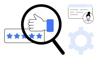 Baş parmaklar yukarı ve büyüteç altında profil, tarayıcı penceresi ve vites simgesiyle beş yıldız. Geri bildirim, eleştiriler, kullanıcı deneyimi, müşteri memnuniyeti, kalite, değerlendirme, analiz için ideal