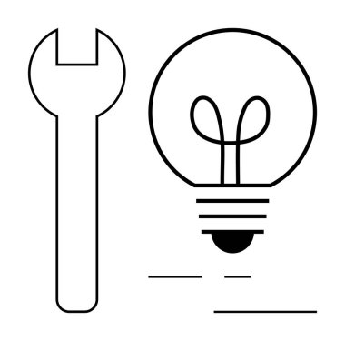 Yenilikçiliği, problem çözmeyi, araçları, fikirleri ve yaratıcılığı sembolize eden bir ampulün yanındaki anahtarla. Konseptler için ideal çözümler, teknoloji, mekanik icat ve mühendislik. Düz basit
