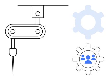Vites simgelerinin yanında çalışan robot kolu, işbirliği, takım çalışması, teknoloji, imalat ve işlem optimizasyonu. Otomasyon, yenilik ve verimlilik için ideal.