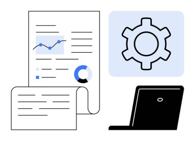 Grafikli analitik rapor, ayarlar için vites sembolü ve teknoloji ve iş akışı yönetimi için dizüstü bilgisayar. İş raporu, analitik, teknoloji, üretkenlik, iş akışı, otomasyon için ideal basit