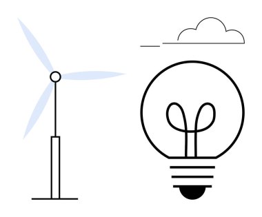 Minimalist bir bulutun altındaki ampulün yanında basit bir rüzgar türbini. Sürdürülebilirlik, yenilenebilir enerji, yeşil yenilik, temiz teknoloji, çevre dostu çözümler, enerji verimliliği, düz