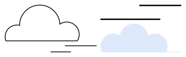 İki bulut şekli, biri hatları çizilmiş ve biri katı, yatay çizgiler hareket ya da rüzgarı gösteriyor. Hava, hız, hareket, basitlik, bulut hesaplama, minimal tasarım düz metafor için ideal