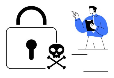 Pano tutan ve asma kilidi kafatası ve çapraz kemiklerle gösteren bir adam, veri güvenlik risklerini temsil ediyor. Siber güvenlik, veri koruması, hackleme, kötü amaçlı yazılım, ihlal önleme, farkındalık için ideal