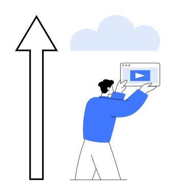 Tarayıcı penceresini yukarı doğru ok ve bulutun yanında oynat tuşuyla tutan bir adam. Veri paylaşımı, bulut depolama, video akışı, dijital pazarlama, büyüme, bağlantı, basit iniş için ideal