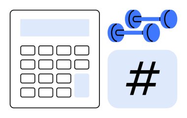 Mavi dambılların yanında hesap makinesi ve meta veri sembolü bütçe, fiziksel sağlık ve çevrimiçi ilişki olduğunu gösteriyor. Fitness izleme, bütçe belirleme, finans, sosyal eğilimler, sağlık uygulamaları, veriler için ideal
