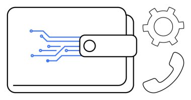 Mavi devre desenli dijital cüzdan, yanında bir dişli ve telefon ikonu var. Fintech, dijital para birimi, teknoloji arayüzleri, yenilik, sistem entegrasyonu, iletişim, basit