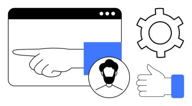 El işaretlemeli tarayıcı arayüzü, kullanıcı profili avatarı, ayarlar için dişli ve başparmak onay simgesi. Kullanıcı navigasyonu, rehberlik, etkileşim, profil yönetimi, kişiselleştirme geribildirim için ideal basit