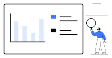 Baro çizelgesini ve metin bloklarını veri analizi için büyüteçle inceleyen bir işadamı. İş analizleri, raporlama, strateji, araştırma, eğitim, eğitim, basit iniş sayfası için ideal