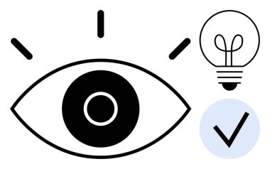 Işıldayan çizgilerle göz sembolü, fikirleri ya da yenilikleri gösteren ampul ve doğrulama çemberinde bir işaret. Yaratıcılık, yenilik, vizyon, içgörü, onay ve karar verme için ideal