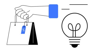 Ampulün yanında indirimli etiketli el çantası yenilikçi pazarlama, satış ve stratejiyi sembolize ediyor. Perakende satış, markalaşma, yenilik, e-ticaret, alışveriş, yaratıcılık sektörü için ideal