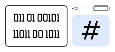 Bir dikdörtgenin içindeki ikili kod, bir kalem ve dijital yeniliği vurgulayan mavi bir karede bir üstveri etiketi. Basit kodlama, programlama, internet, sosyal medya, iletişim ve eğitim için ideal