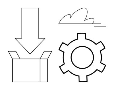 Kutuyu aç ve aşağı doğru ok, bulut, teçhizat indirmeyi sembolize ediyor, bulut depolama, ayarlar. Teknoloji arayüzleri, veri yönetimi, depolama, proje iş akışı yazılım geliştirme otomasyonu için idealdir