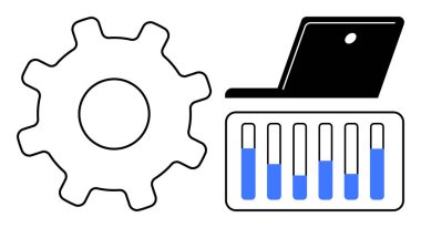 Mavi ilerleme çubuklarını gösteren bir dizüstü bilgisayarın yanında, teknolojiyi sembolize eden, işlem optimizasyonu, veri analizi, iş akışı verimliliği, proje yönetimi, otomasyon ve sistem izleme. İdeal