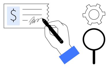 Dolar simgesi olan bir çek imzalamak, süreci gösteren vites ve teftişi sembolize eden büyüteç. Finans, iş, analiz, işlemler, süreçler, onaylama için ideal