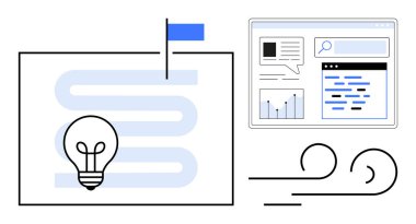 Bayrak, grafik analizi, arama çubuğu, fikir akışı çizgileri olan bir yolda ampul. İnovasyon, araştırma, ilerleme, seyahat görselleştirme, planlama süreci için idealdir basit iniş sayfası