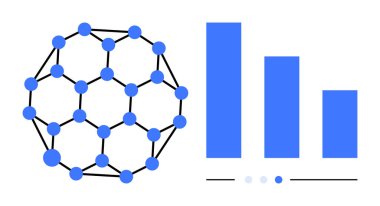 Dikey bar çizelgesinin yanında birbirine bağlı düğümler olan moleküler ağ. Veri temsili, analitik, bağlantı, bilim, teknoloji, istatistik ve basit iniş sayfası için ideal