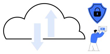 Büyük bulut sembolü, veri transferini gösteren oklar, güvenlik kilidi olan kalkan ve bireysel yönetim tableti. Teknoloji, bulut hesaplama, siber güvenlik, veri yönetimi ve kullanıcı için ideal