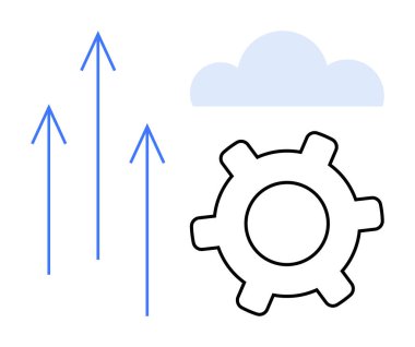Mavi oklar bir dişlinin ve bulut şeklinin yukarısına bakıyor. Yenilik, ilerleme ve verimliliği simgeliyor. Teknoloji, büyüme, gelişme, mühendislik, bulut hesaplama ve ilerleme için ideal