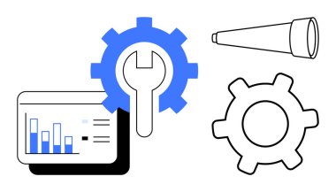 Dijital torpido gözünde çubuk grafik, İngiliz anahtarı, teleskop ve ilave teçhizatlı mavi dişli. Yenilik, teknoloji, iş analizi, strateji geliştirme, sorun çözme vizyonu için idealdir. Düz