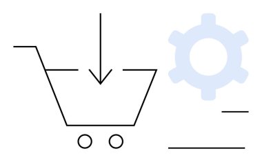 İndirmeyi ya da ürün eklemeyi sembolize eden, oklu alışveriş arabası. Vites çarkı kişiselleştirmeyi veya ayarları öneriyor. E-ticaret, perakende satış, UX, güncellemeler, teknoloji kurulumu, uygulamalar için idealdir.