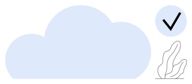 Açık mavi bulut, daire şeklinde kalın işaretli ve minimalist yaprak çizimi. Onay, başarı, basitlik, bulut teknolojisi, minimal tasarım, veri depolama, basit iniş sayfası için ideal