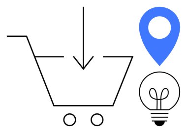 Alışveriş arabası, ok, mavi lokasyon iğnesi ve ampul online alışveriş, yenilik ve teslimatı sembolize ediyor. Perakende, lojistik, pazarlama, yaratıcılık navigasyon teknolojisi için ideal