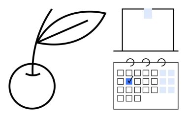 Yapraklı kiraz, çekle işaretlenmiş takvim ve açık defter. Planlama, organizasyon, verimlilik, farkındalık, sağlıklı alışkanlıklar, zaman yönetimi metaforu için ideal