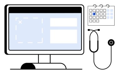 Formları, steteskopu ve sağlık randevularını gösteren işaretli takvimi olan bilgisayar ekranı. Tıp, teknoloji, organizasyon, programlama, sağlık yönetimi, teletıp dairesi için ideal
