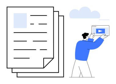 Biriken belgelerin yanında video oynatıcı penceresi ve bir bulut tutan adam. İçerik paylaşımı, bilgi aktarımı, belge yönetimi, bulut hizmetleri, e-öğrenme, ofis çözümleri ve basit