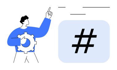 Takım çalışmasını, sosyal medyayı, stratejiyi, yeniliği, teknolojiyi, markalaşmayı ve iletişimi temsil eden büyük bir meta veriye doğru vites hareketi yapan bir adam. Basit bir iniş sayfası için ideal