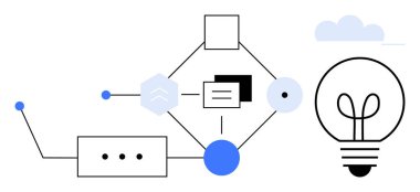Geometrik akış şeması elementleri, çizgiler ve ampul yaratıcılığı, problem çözmeyi ve süreçleri vurgular. Yenilik, beyin fırtınası, iş stratejisi, teknoloji iş akışı planlama dairesi için ideal