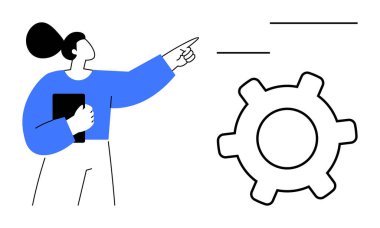 Tabletli bir kadın büyük bir vitese işaret ediyor, basit bir metaforda planlama, süreç tasarımı, takım çalışması, yenilik, teknoloji, liderlik ve problem çözme kavramlarını sembolize ediyor.