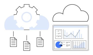 İşlemleri, bulut depolama dosyalarını ve grafikleri, grafikleri ve belgeleri gösteren gösterge panelini temsil ediyor. Veri depolama, analitik, üretkenlik, SaaS bulut hesaplama teknolojisi için ideal