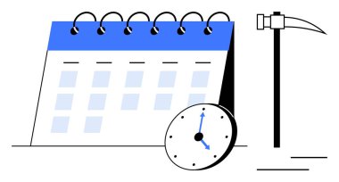 Spiral takvim, saat ve kazma, zaman yönetimi, iş verimliliği ve planlamayı sembolize ediyor. Üretim, disiplin ve proje organizasyonu için ideal iş gücü verimliliği