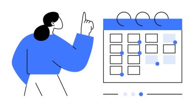 İşaretli tarihlere işaret eden dijital takvim kullanan bir birey. Zamanlama, zaman yönetimi, planlama, organizasyon, üretkenlik, hatırlatıcılar için ideal, basit bir iniş sayfası