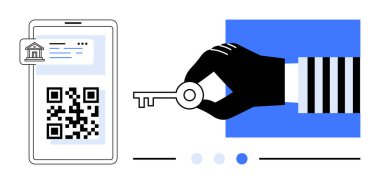 Akıllı telefon, QR kodunu elinde anahtar tutan bir elin yanında gösteriyor. Güvenliği, dijital erişimi ve şifrelemeyi simgeliyor. Çevrimiçi bankacılık, veri gizliliği, kimlik doğrulama, fintech, siber güvenlik için ideal
