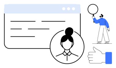 Kullanıcı profiline odaklanan web arayüzü, onay el hareketi, konuşma baloncuğu tutan figür. Kullanıcı geribildirimi, iletişim, profil yönetimi, diyalog, onay ve mesajlaşma için ideal
