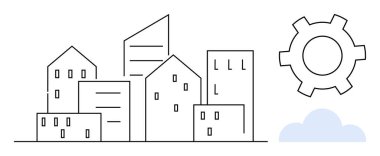Binalar, büyük bir teçhizat ve yeniliği, kentsel gelişimi ve akıllı sistemleri sembolize eden bir bulut içeren minimalist şehir manzarası. Teknoloji için ideal, akıllı şehirler, şehir planlaması, yenilik takım çalışması