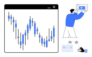 Pazar analizi için şamdan şeması, elinde oyun düğmesi, kredi kartı, para simgeleri olan bir cihaz. Analiz, finans, yatırım, e-ticaret, fintech eğitimi için idealdir.