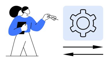 Pano ve ip tutan kadın, iş akışı optimizasyonunu temsil eden dişli ve oklarla etkileşimde. Takım çalışması, üretkenlik, yönetim, verimlilik, strateji, işlemler ve basit için ideal