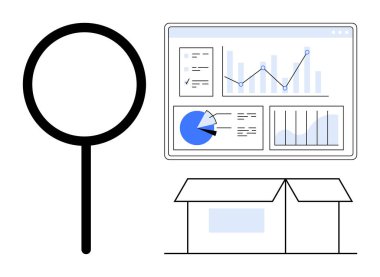 Açık bir kutunun üzerinde grafikler ve pasta grafiği olan bir veri analiz ekranının yanında büyüteç. Araştırma, iş, lojistik, e-ticaret, içgörü, pazarlama, basit iniş sayfası için ideal