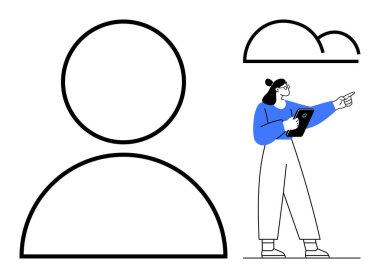Minimalist kullanıcı profili simgesi, elinde tablet tutan mavi elbiseli bir kadın, bulut elemanına doğru hareket ediyor. Profil, takım çalışması, yön, hedefler, yaratıcılık, teknoloji sade iniş sayfası için ideal