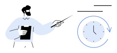Elinde pano tutan ve saati gösteren adam zamanı, iz sürmeyi, planlamayı ve verimliliği simgeliyor. Üretkenlik, programlama, liderlik, eğitim, eğitim, takım çalışması için ideal düz bir metafor