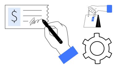 El imzası çeki, fiyat etiketli alışveriş çantaları, ödeme, alışveriş, otomasyon, işlem, finans, ticaret sistemi entegrasyonunu temsil eden vites simgesi. Finansal alışveriş için ideal