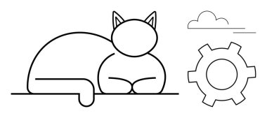 Soyut teçhizat ve bulut motifleriyle temiz çizim tarzında bir yüzeye yaslanmış kedi. Teknoloji, üretkenlik, yaratıcılık, evcil hayvan teması, mühendislik, yaşam tarzı ve basit için ideal