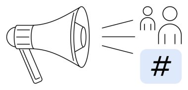 Soyut insan simgelerine ve meta veriye ses dalgaları yansıtan megafon. Pazarlama, iletişim, tanıtım, sosyal medya, markalaşma, reklam, topluluk, basit iniş sayfası için ideal